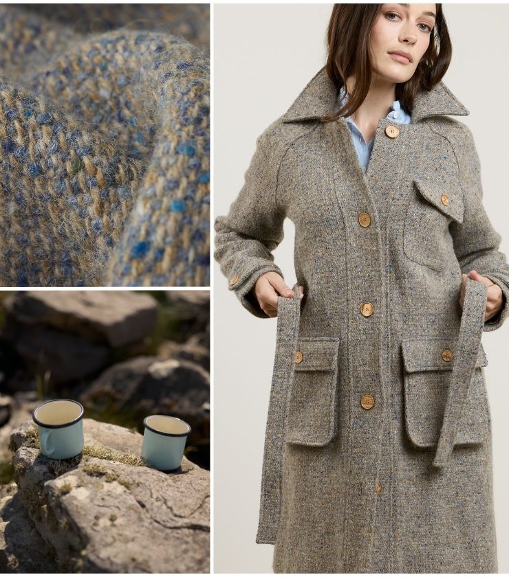 Lotty Field Coat in Blue, White & Oat Salt & Pepper Donegal Tweed
